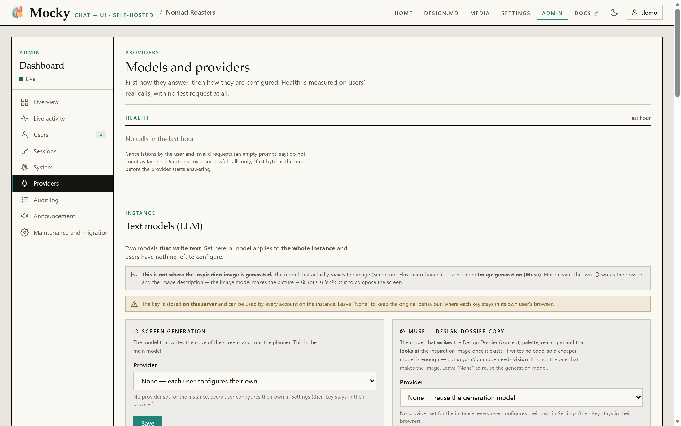 Admin → Providers: the dashboard menu and the instance-wide text models