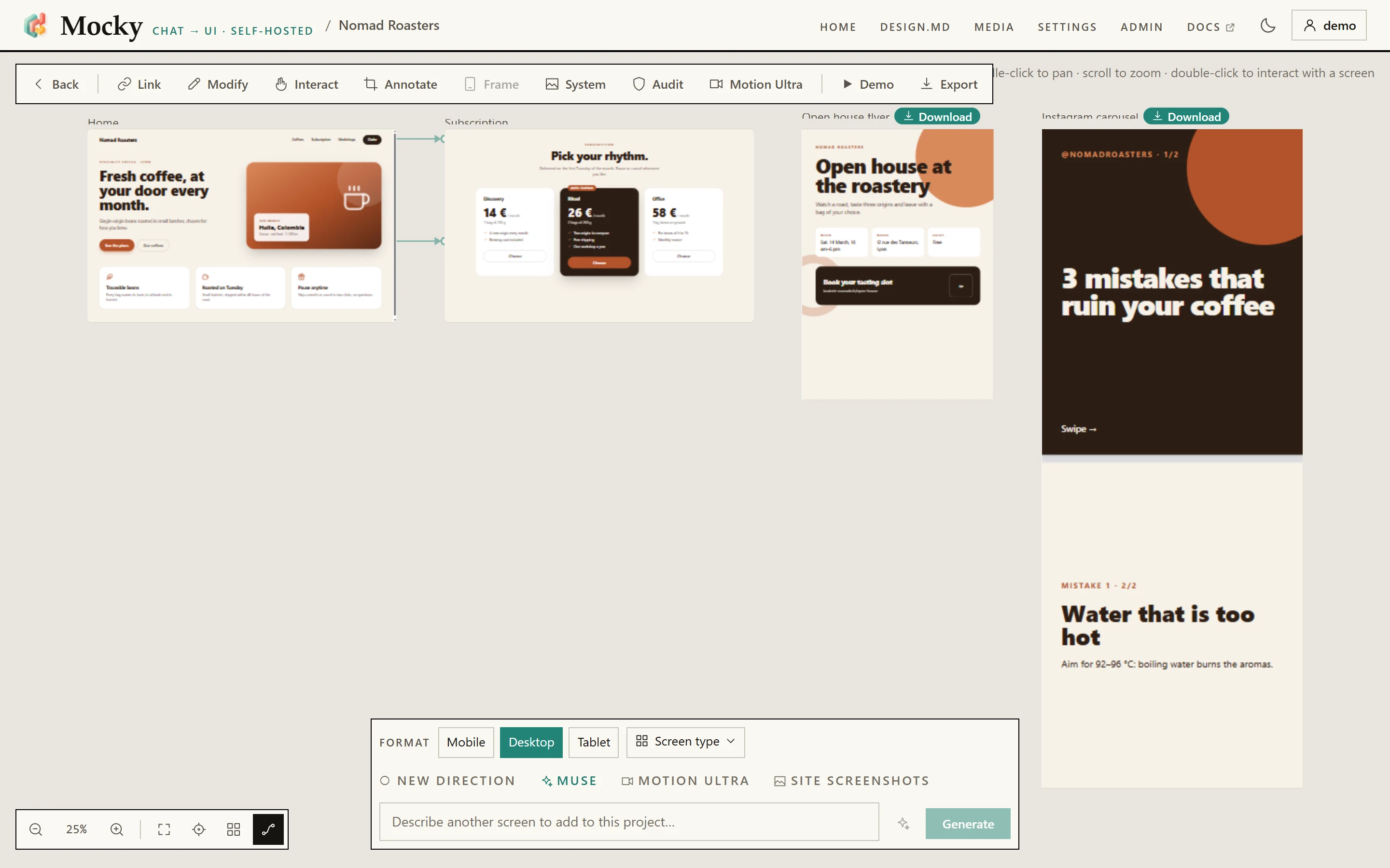A project: the toolbar, four screens linked by cables, the zoom bar and the composer