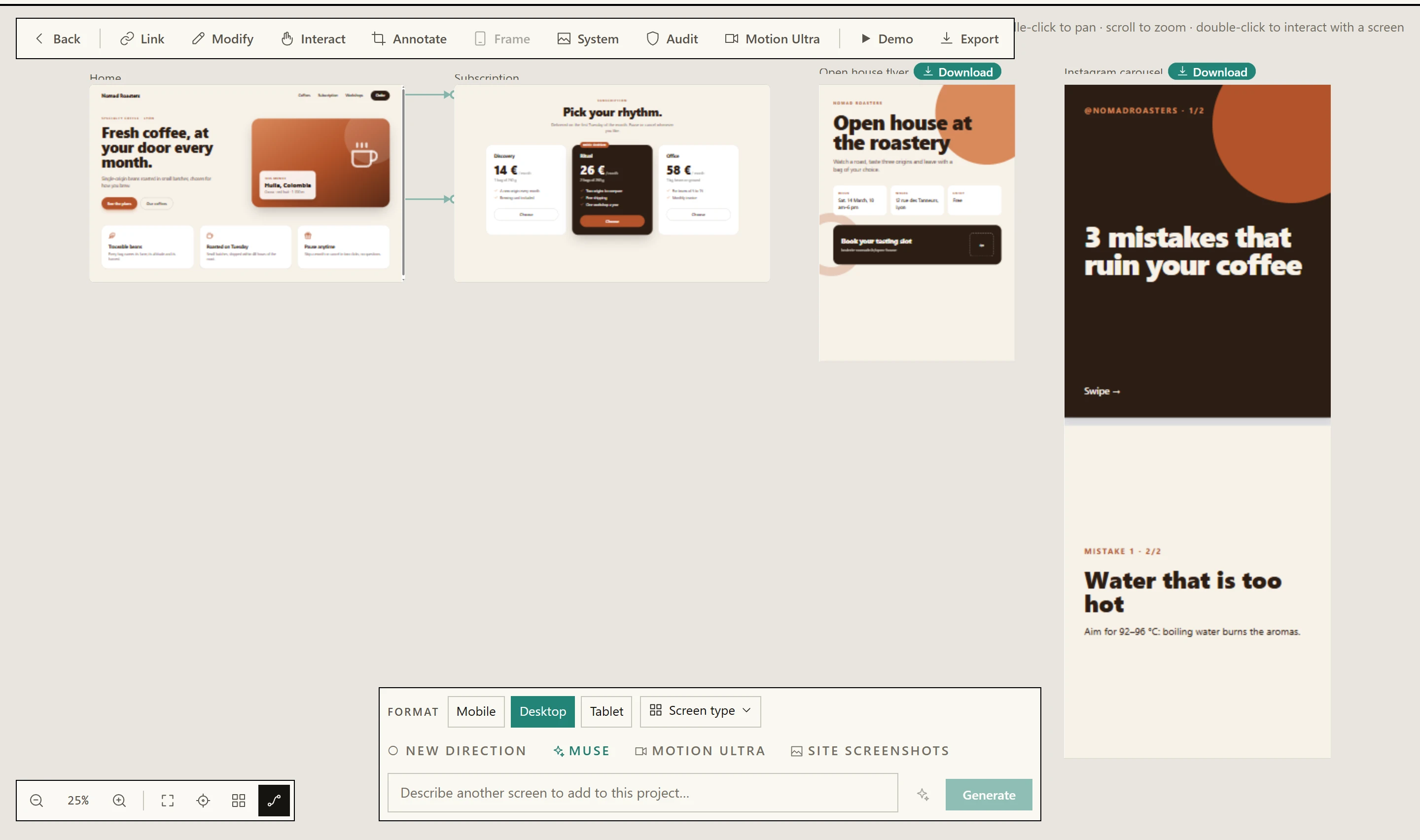 The composer: formats, screen type, the three switches, the prompt, Improve and Generate