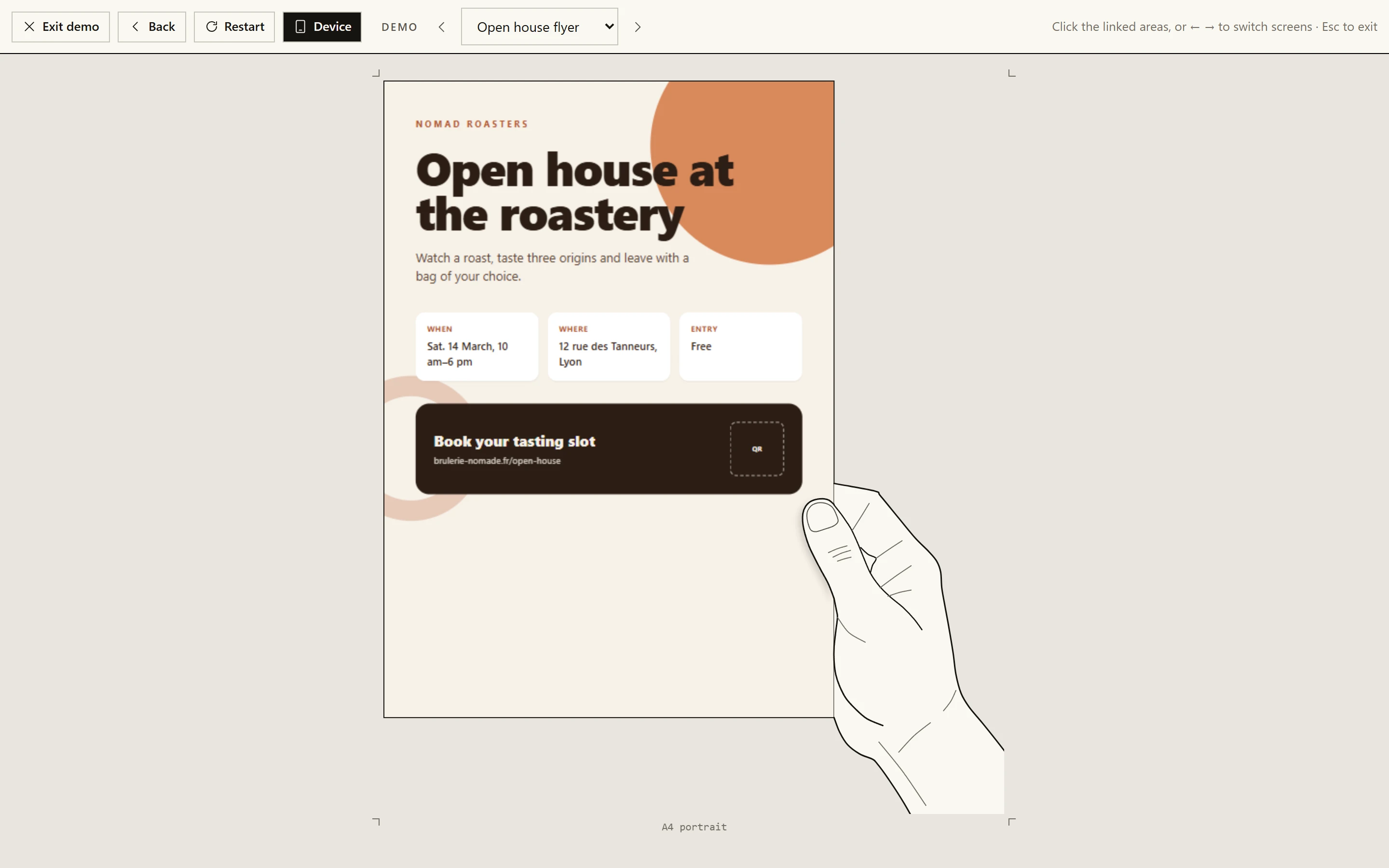 Demo mode: a flyer held in a hand