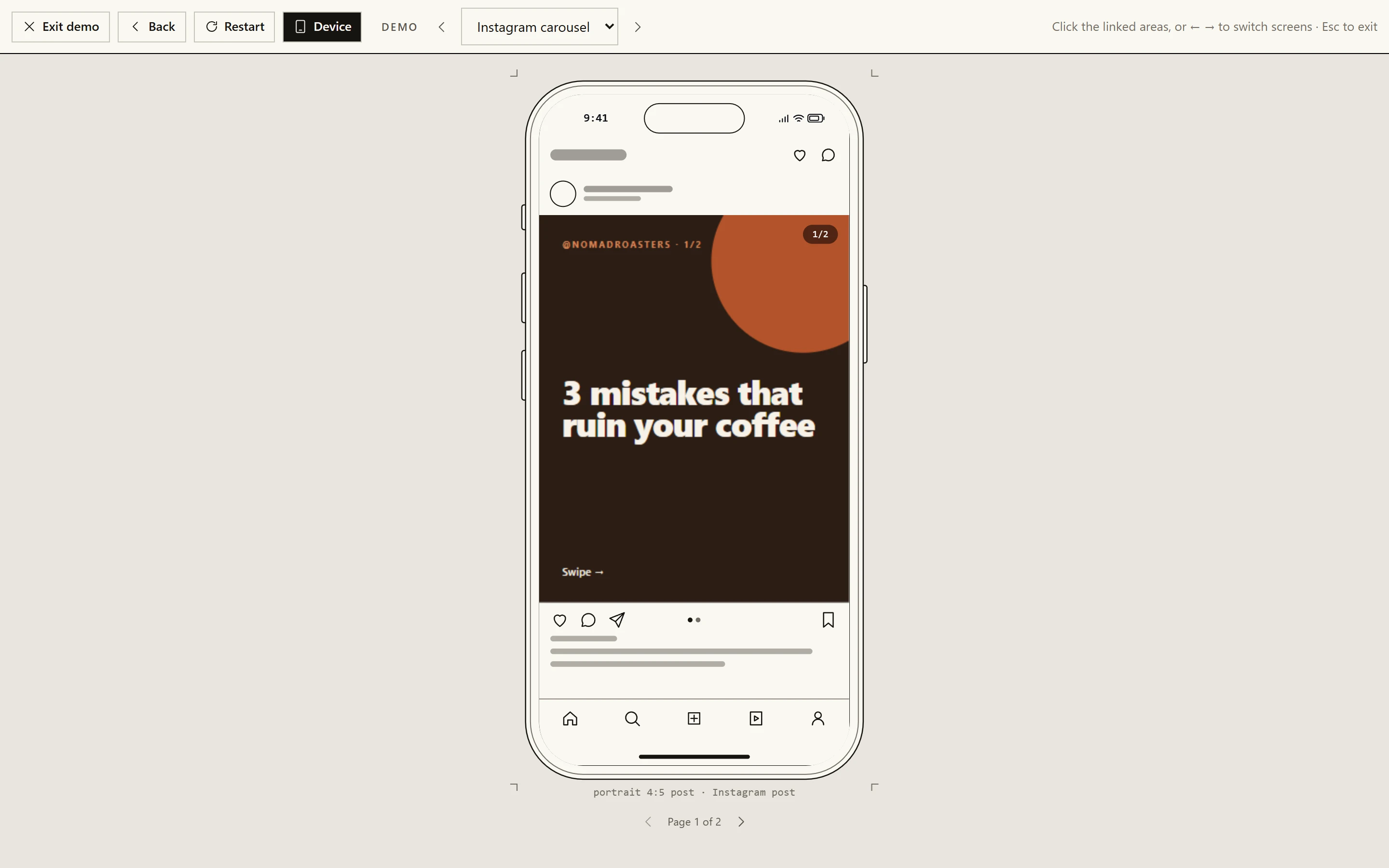 Demo mode: an Instagram carousel on a phone, in its feed