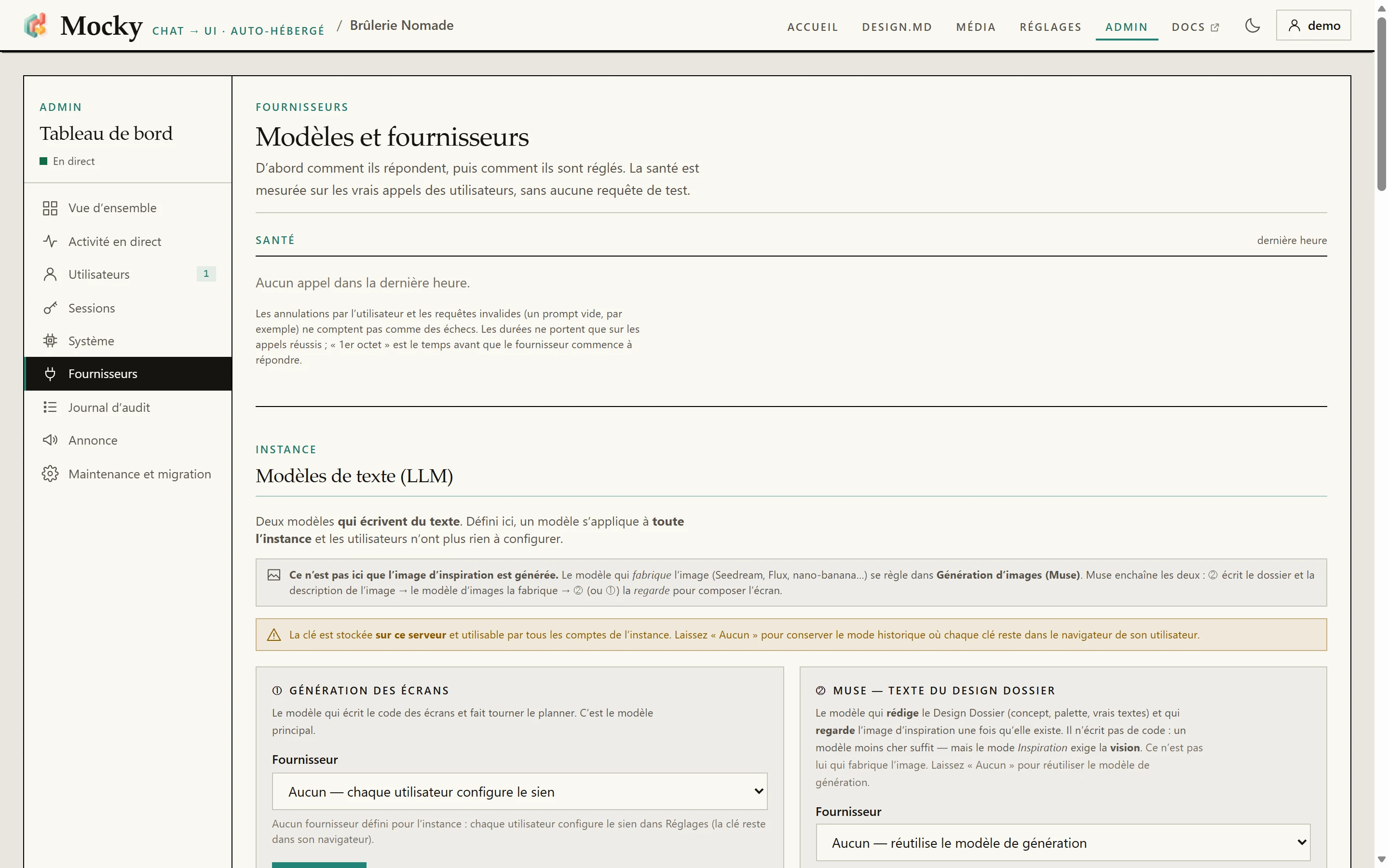 Admin → Fournisseurs : le menu du tableau de bord et les modèles de texte de l’instance