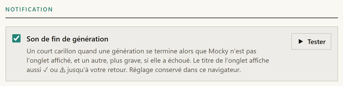 Réglages → Notification : le carillon de fin de génération