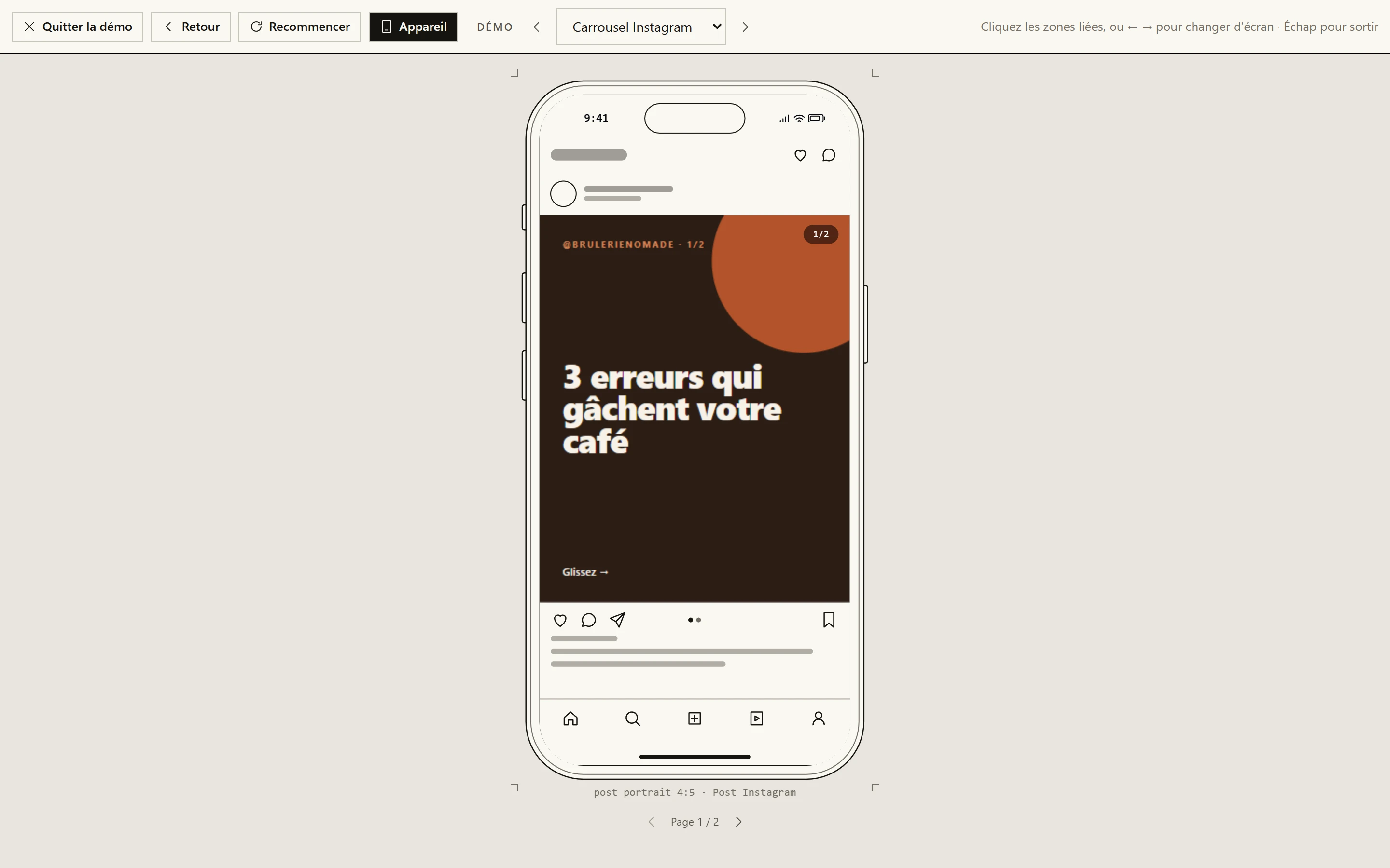 Le mode démo : un carrousel Instagram sur un téléphone, dans son fil