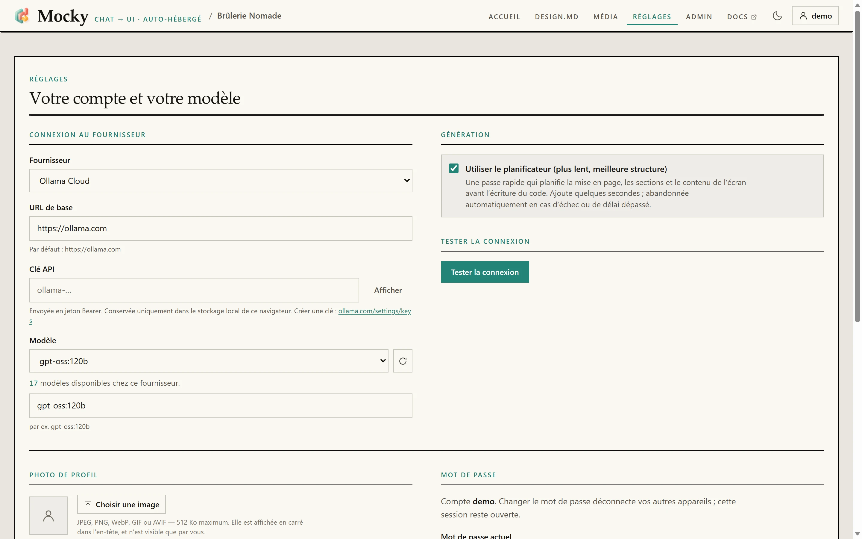 Réglages : fournisseur, URL de base, clé d’API, modèle et Tester la connexion