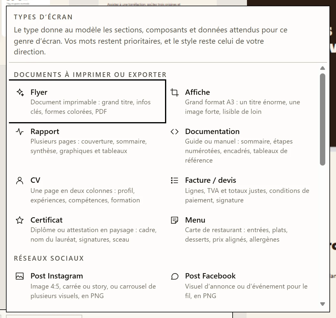 Le menu Type d’écran : documents, réseaux sociaux et écrans