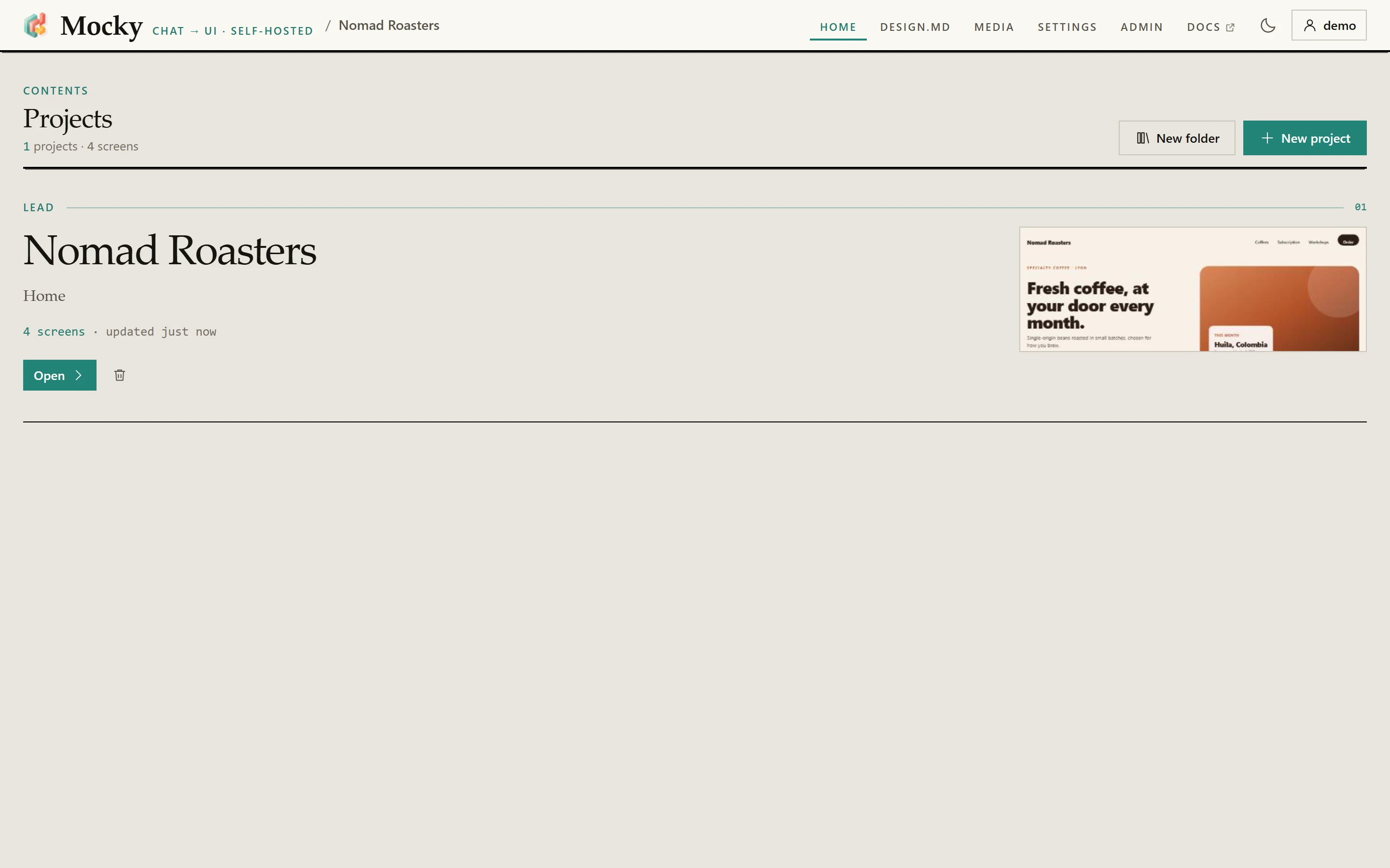 The projects page: the lead project, the folders, New folder and New project