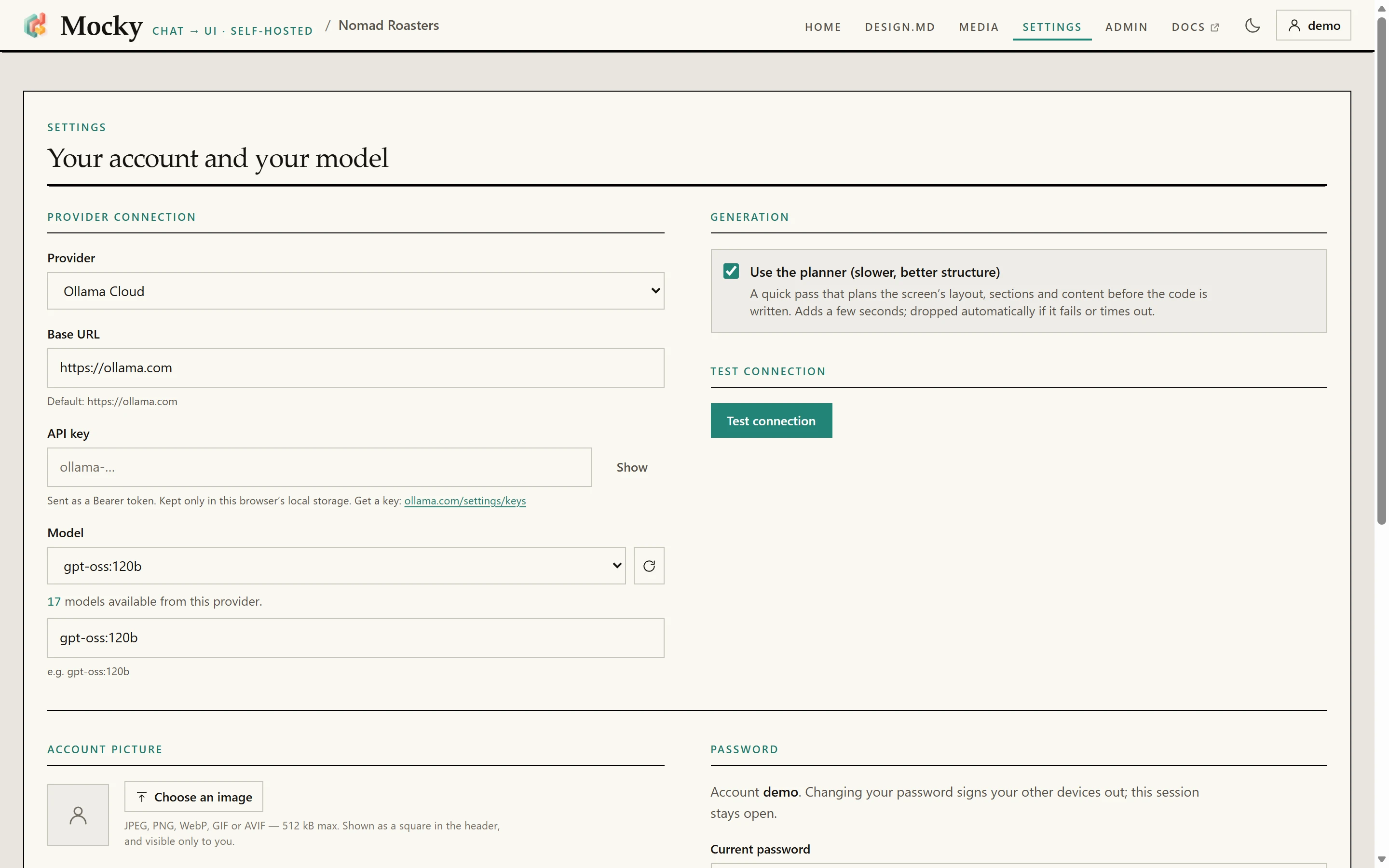 Settings: provider, base URL, API key, model and Test connection