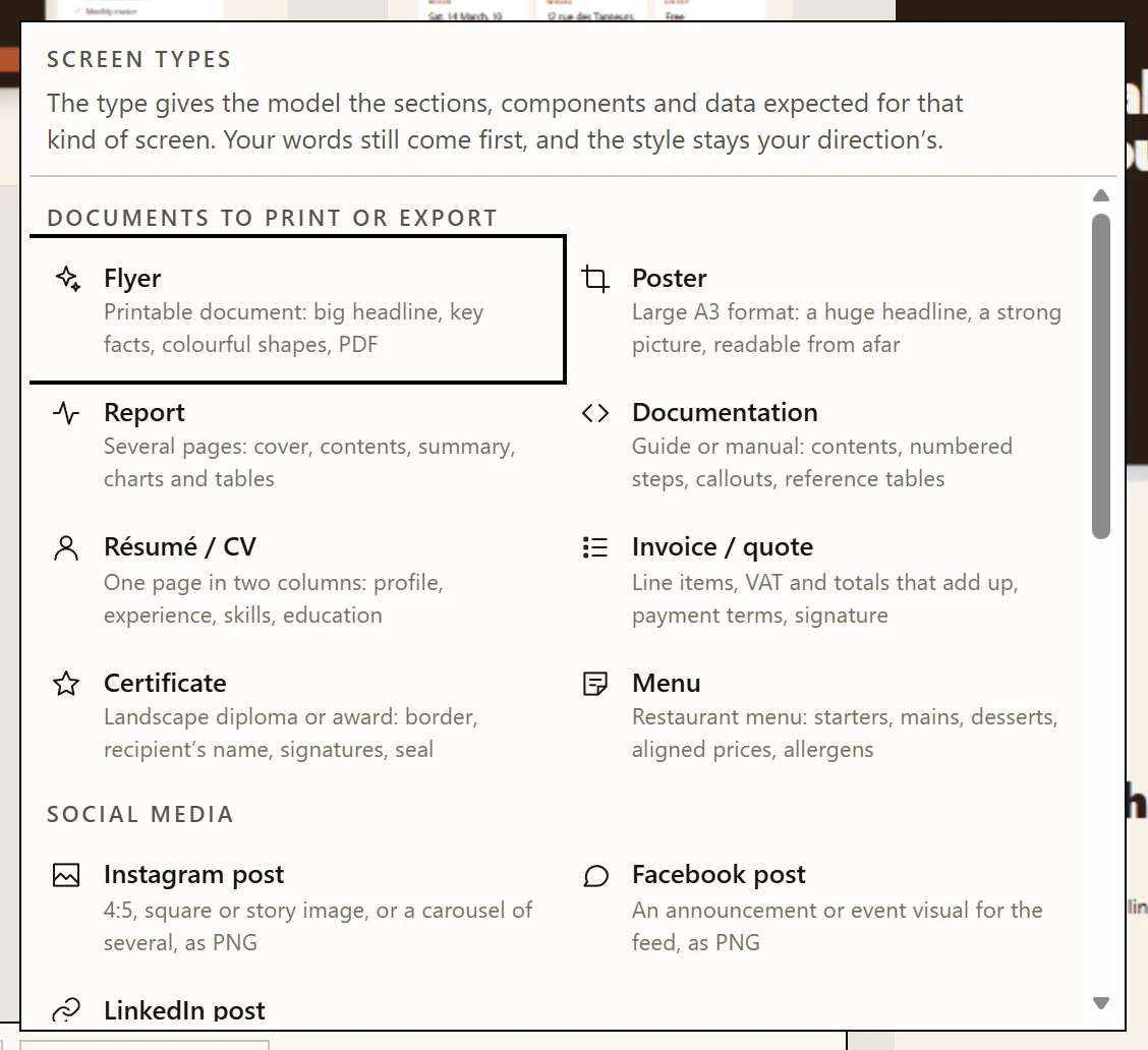 The Screen type menu: documents, social media and screens